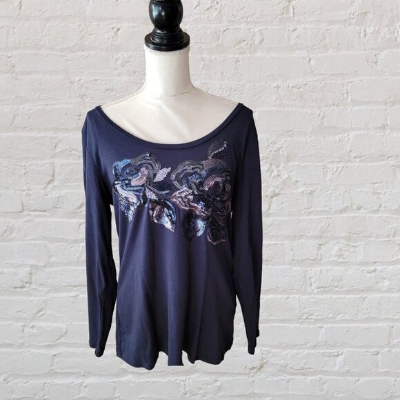 Apt. 9 Navy Blue Long Sleeve Evening Sequined Bodice Top in Size Large - Picture 1 of 4